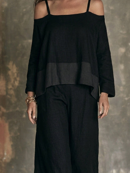 Women's Casual 2-Piece Set Black Cotton-Linen Long-Sleeve Off-Shoulder And Pants