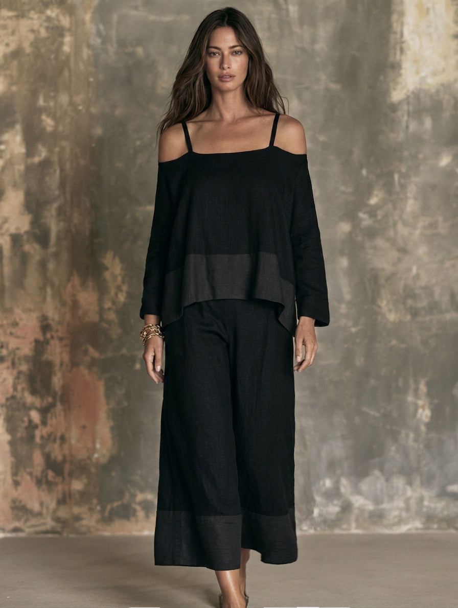 Women's Casual 2-Piece Set Black Cotton-Linen Long-Sleeve Off-Shoulder And Pants