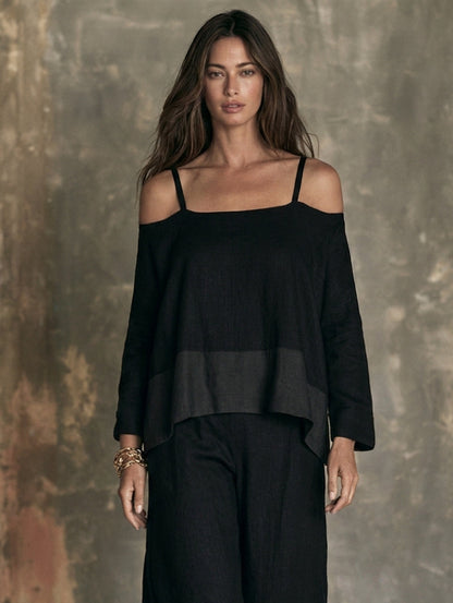 Women's Casual 2-Piece Set Black Cotton-Linen Long-Sleeve Off-Shoulder And Pants