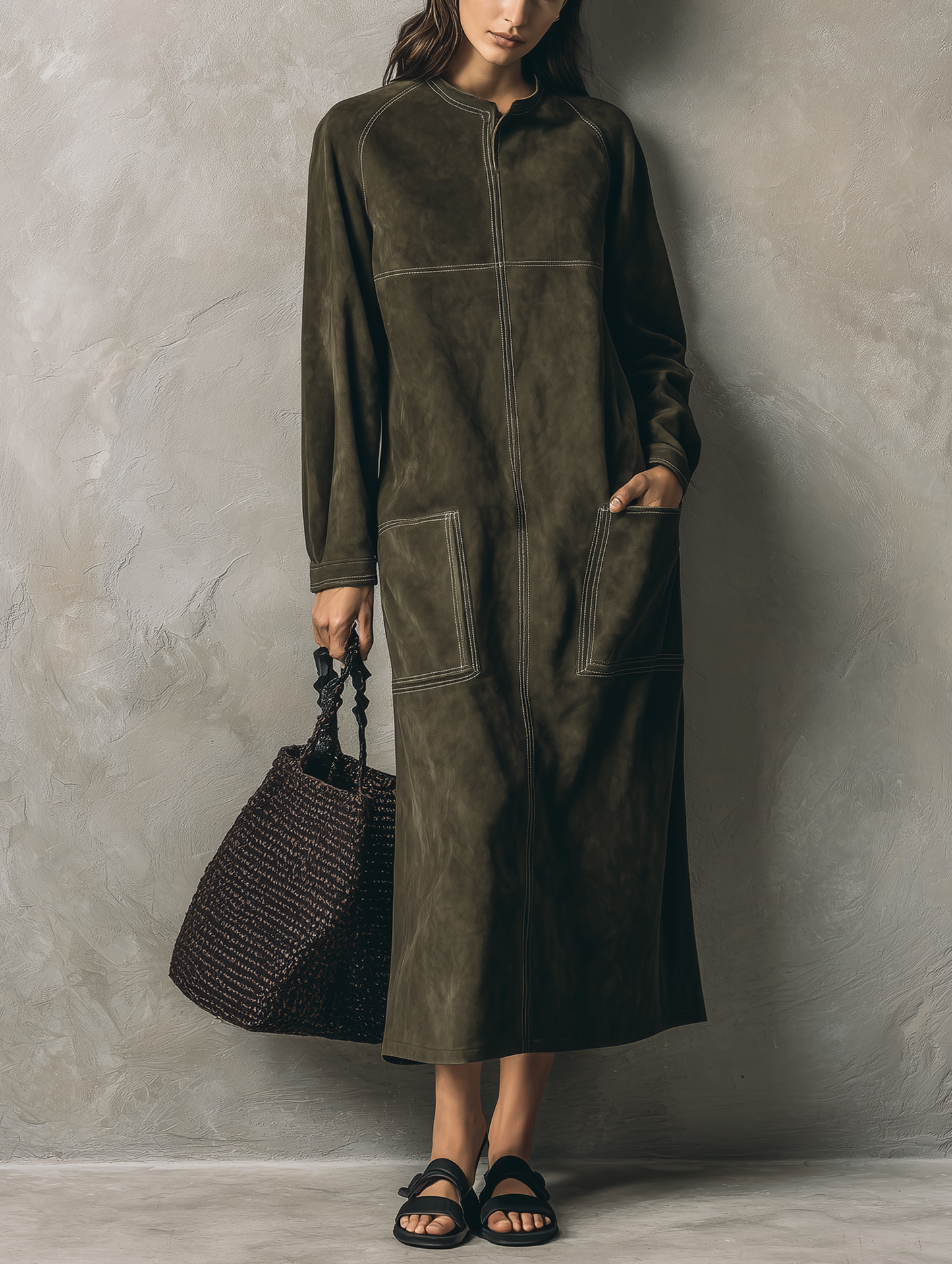 Women's Casual Olive Green Suede Long-sleeve Maxi Dress