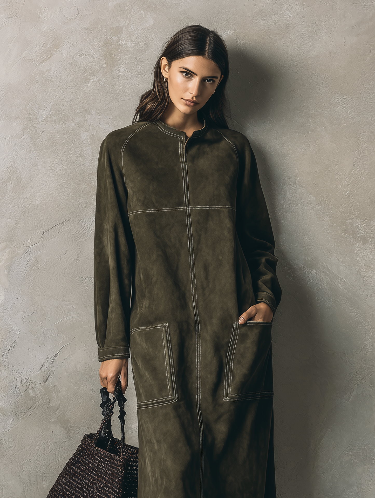 Women's Casual Olive Green Suede Long-sleeve Maxi Dress