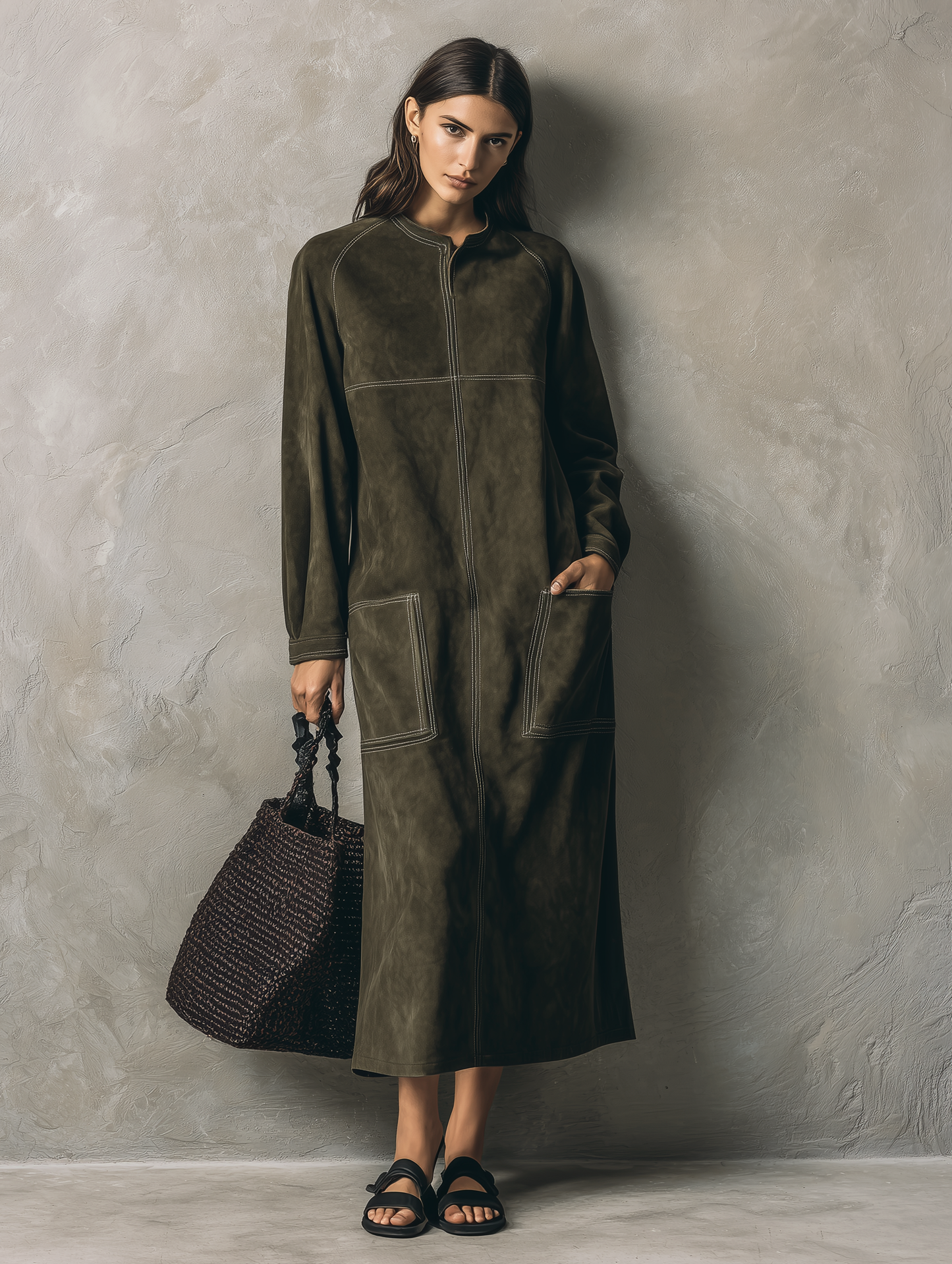 Women's Casual Olive Green Suede Long-sleeve Maxi Dress