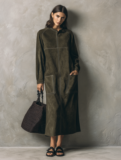 Women's Casual Olive Green Suede Long-sleeve Maxi Dress