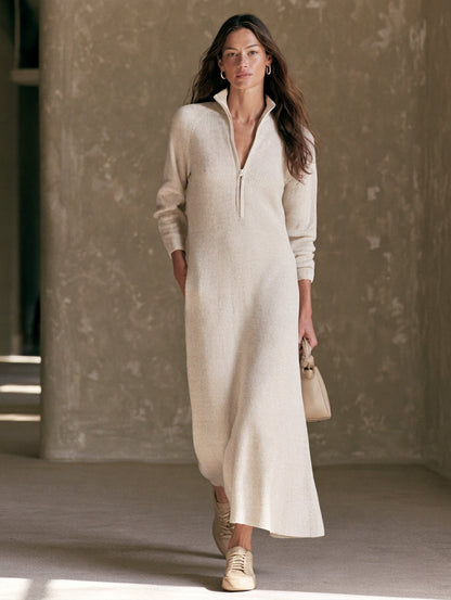 Women's Casual Oatmeal Knit Long-Sleeve Maxi Dress With Zip Collar