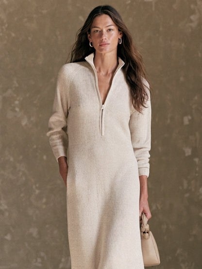 Women's Casual Oatmeal Knit Long-Sleeve Maxi Dress With Zip Collar