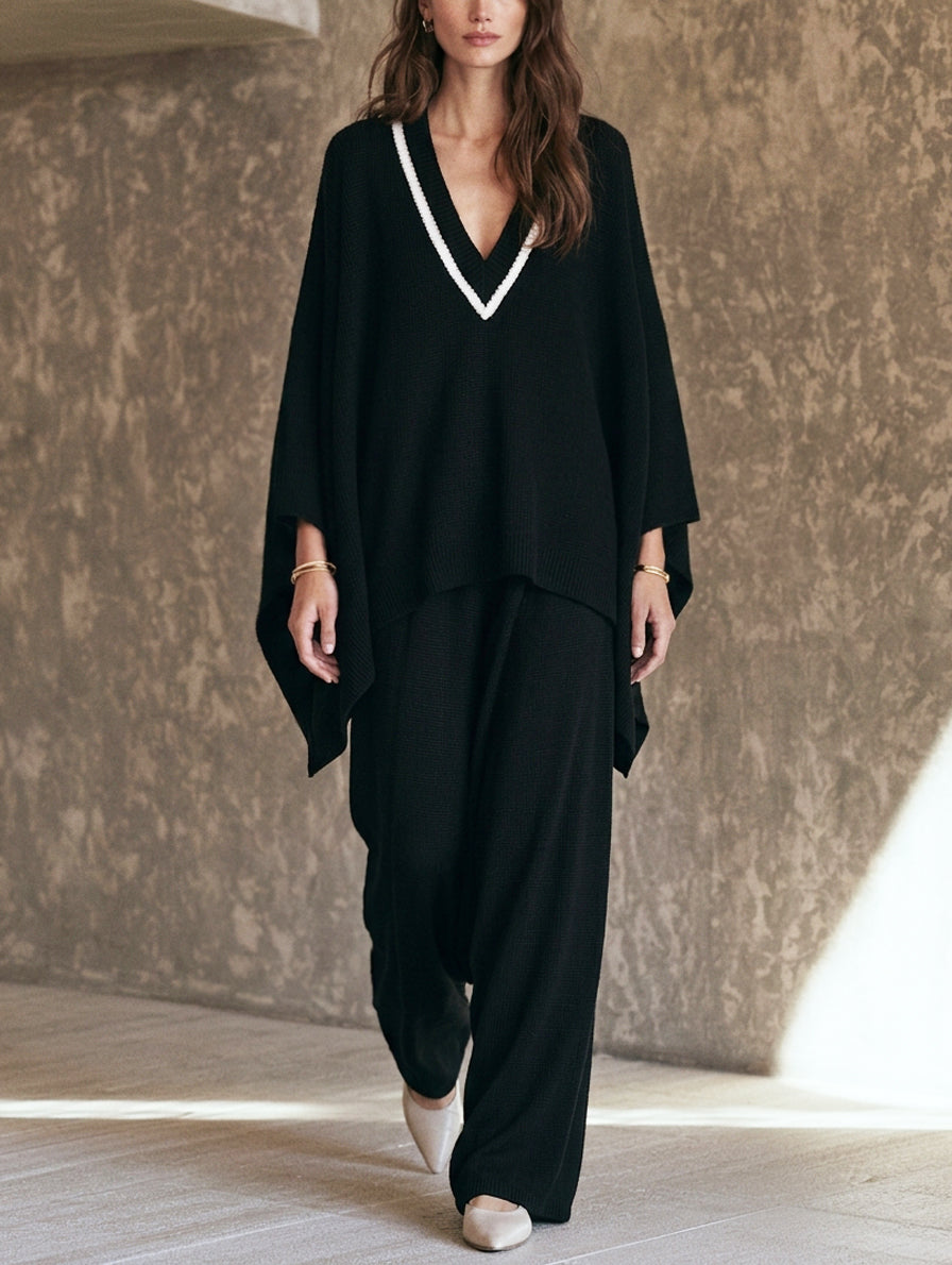 Women's Casual 2-Piece Set Black V-Neck Knit Top And Pants
