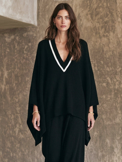Women's Casual 2-Piece Set Black V-Neck Knit Top And Pants