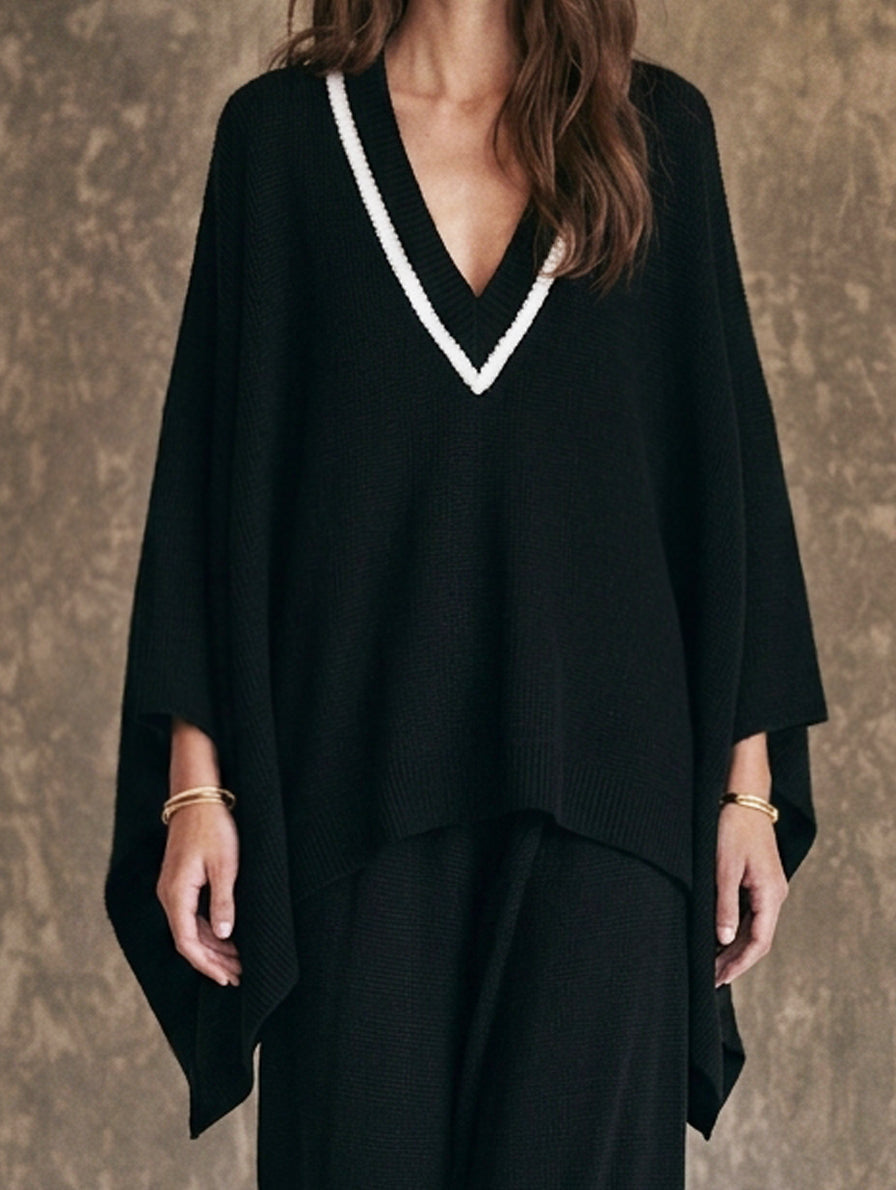 Women's Casual 2-Piece Set Black V-Neck Knit Top And Pants