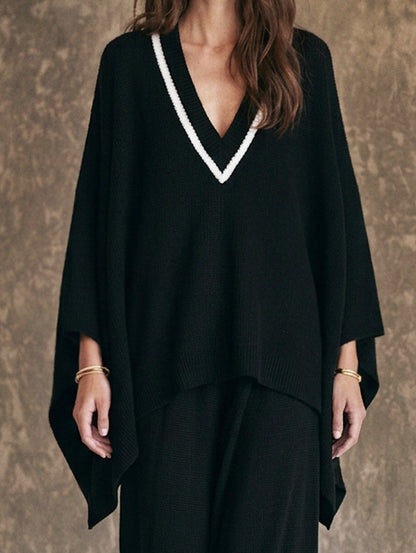 Women's Casual 2-Piece Set Black V-Neck Knit Top And Pants