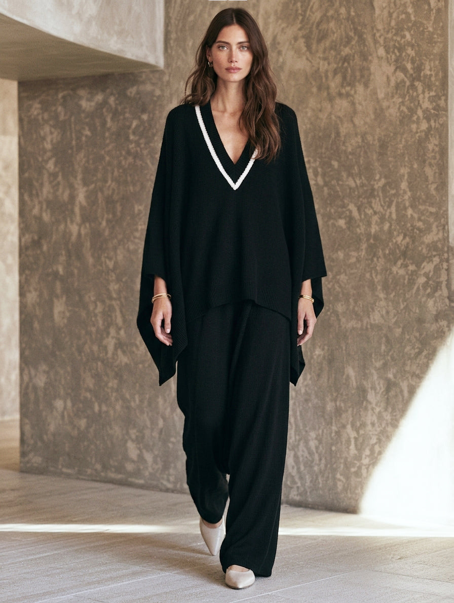 Women's Casual 2-Piece Set Black V-Neck Knit Top And Pants