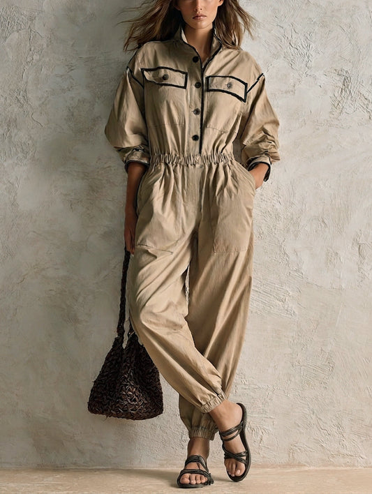 Women's Casual Khaki Woven Long-Sleeve Jumpsuit