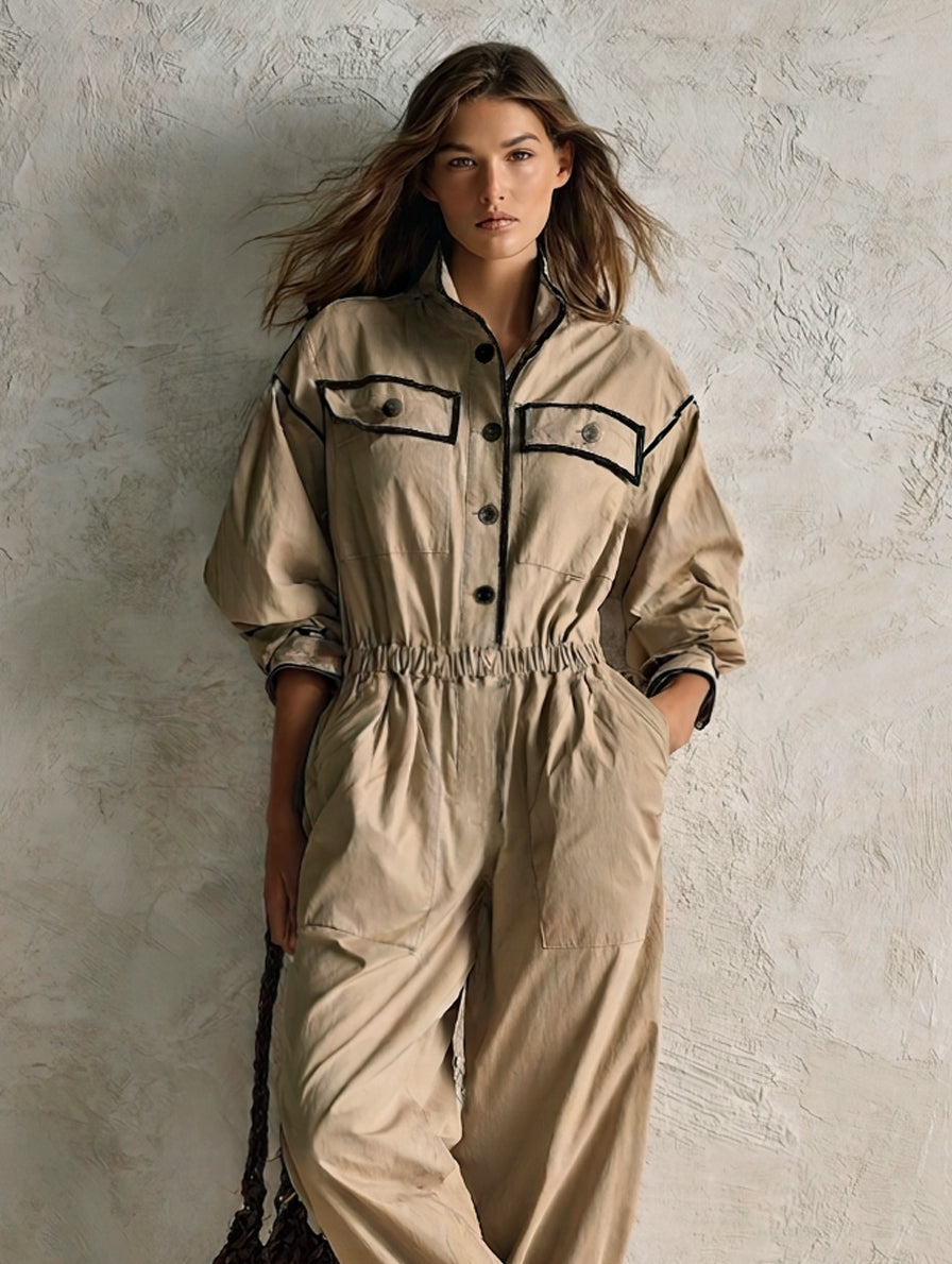 Women's Casual Khaki Woven Long-Sleeve Jumpsuit