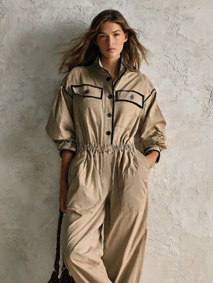 Women's Casual Khaki Woven Long-Sleeve Jumpsuit