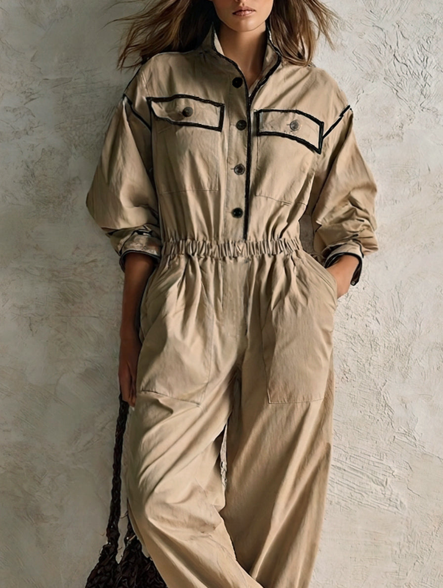 Women's Casual Khaki Woven Long-Sleeve Jumpsuit
