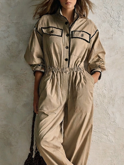 Women's Casual Khaki Woven Long-Sleeve Jumpsuit