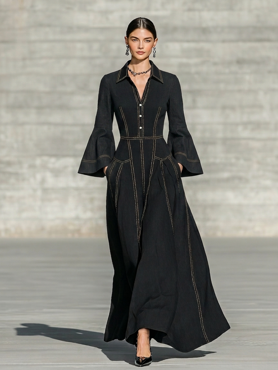 Women's Pocket Design Contrast Stitch Retro Lapel Long Sleeve Dress
