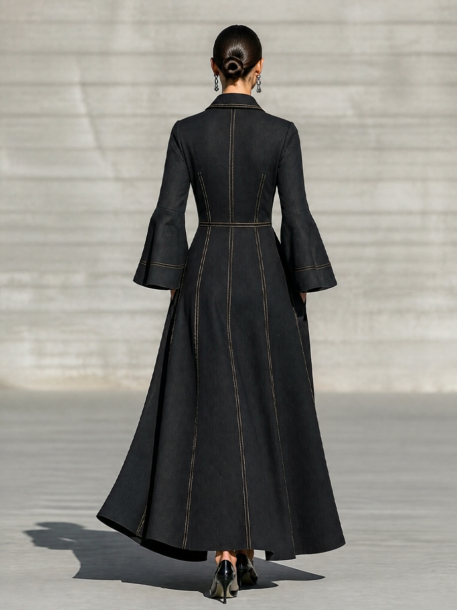 Women's Pocket Design Contrast Stitch Retro Lapel Long Sleeve Dress