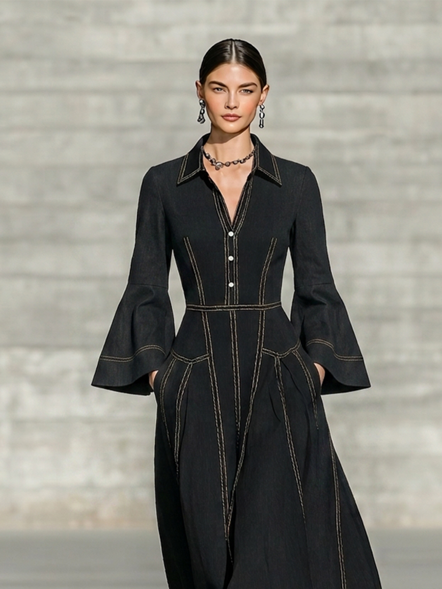 Women's Pocket Design Contrast Stitch Retro Lapel Long Sleeve Dress