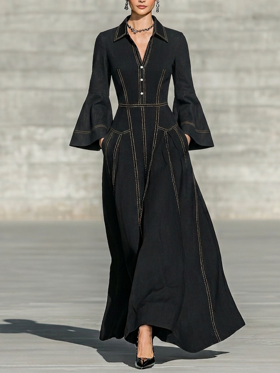 Women's Pocket Design Contrast Stitch Retro Lapel Long Sleeve Dress