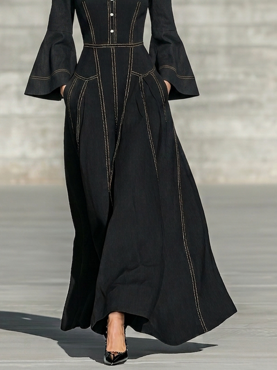 Women's Pocket Design Contrast Stitch Retro Lapel Long Sleeve Dress