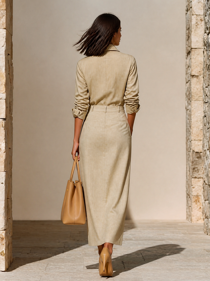 Women's Relaxed Fit Solid Linen Minimalist Turn Down Collar Co Ord Suit