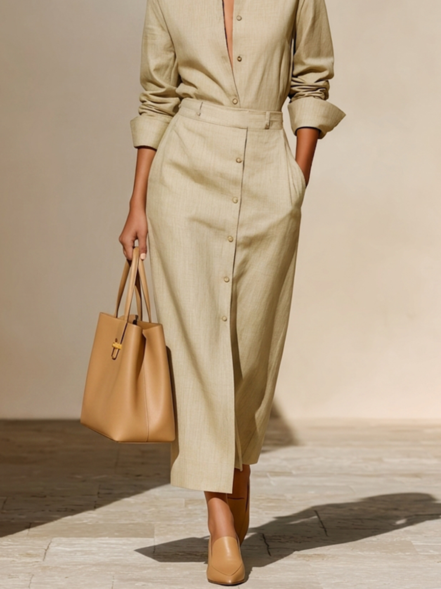 Women's Relaxed Fit Solid Linen Minimalist Turn Down Collar Co Ord Suit