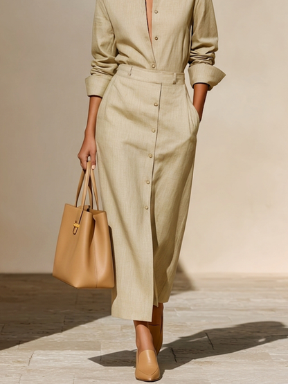 Women's Relaxed Fit Solid Linen Minimalist Turn Down Collar Co Ord Suit