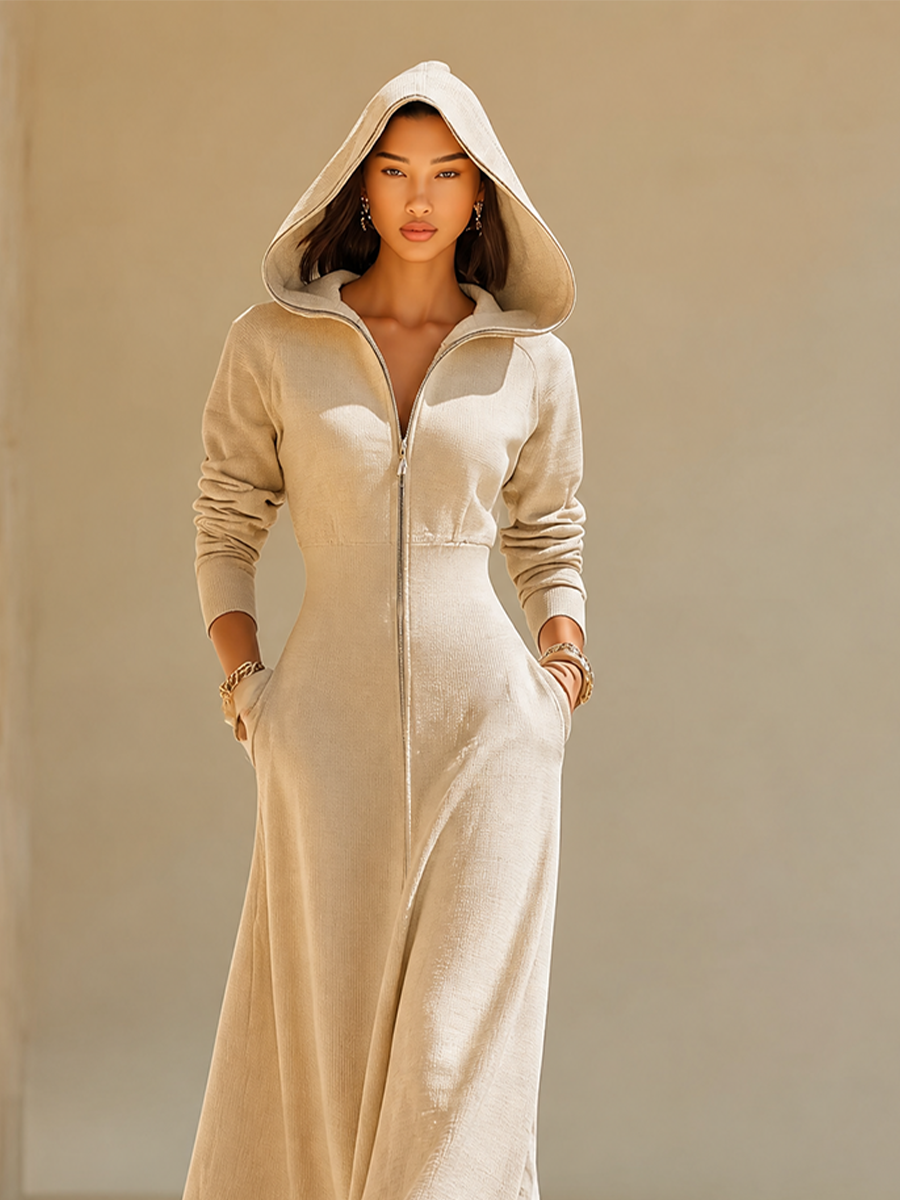 Women's Slimming Loose Lounge Minimalist Full Zip Hoodie Long Dress Cream
