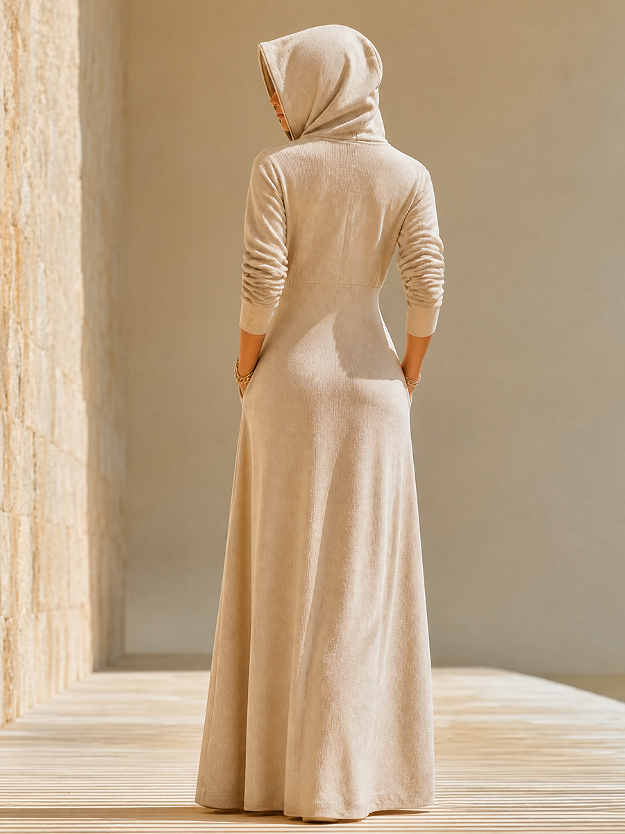 Women's Slimming Loose Lounge Minimalist Full Zip Hoodie Long Dress Cream