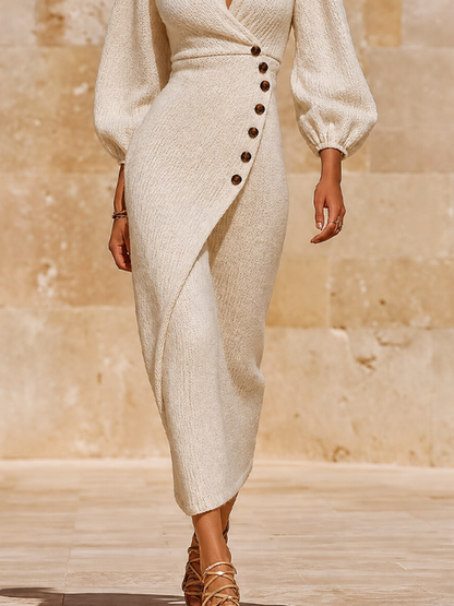 Women's Slim Side Button Knit Chic Deep V Lantern Sleeve Split Knit Dress
