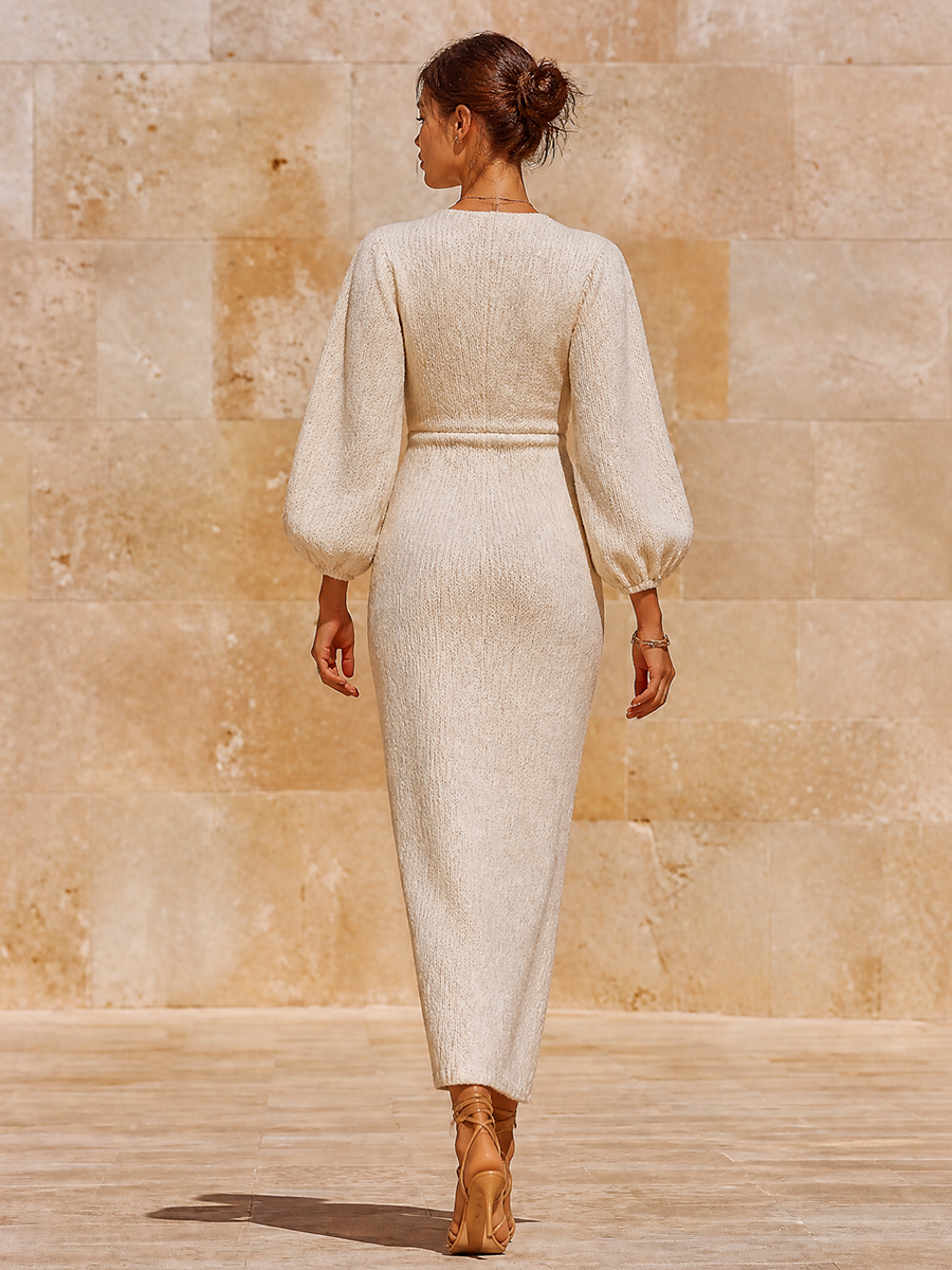 Women's Slim Side Button Knit Chic Deep V Lantern Sleeve Split Knit Dress