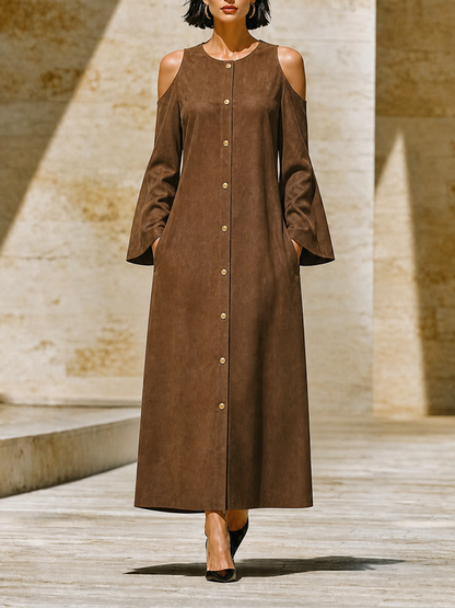 Women's Front Button Loose Minimalist Round Neck Cut Out Shoulder Long Dress