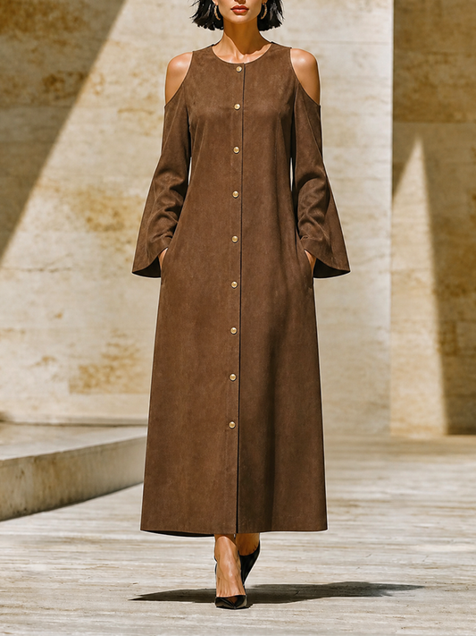 Women's Front Button Loose Minimalist Round Neck Cut Out Shoulder Long Dress