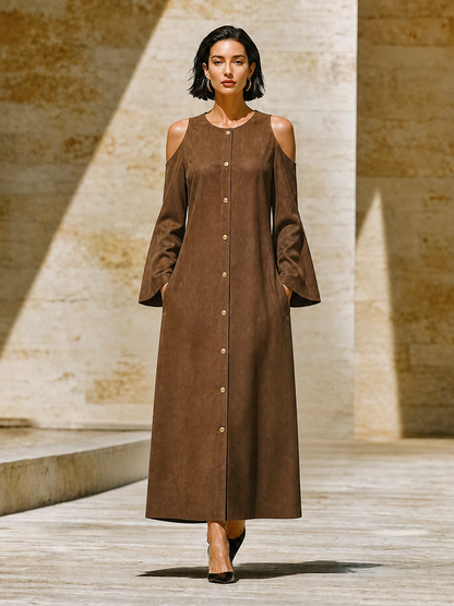 Women's Front Button Loose Minimalist Round Neck Cut Out Shoulder Long Dress