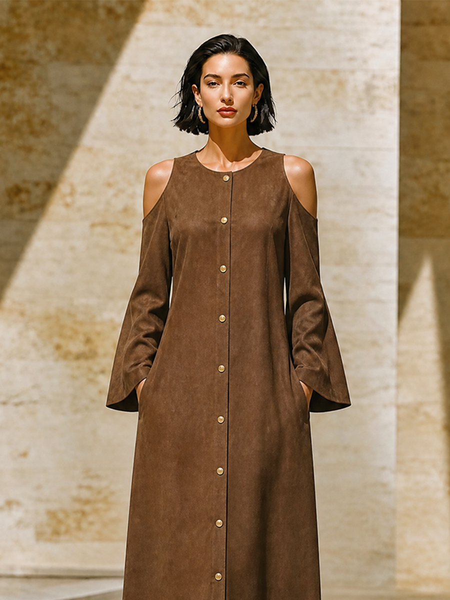 Women's Front Button Loose Minimalist Round Neck Cut Out Shoulder Long Dress