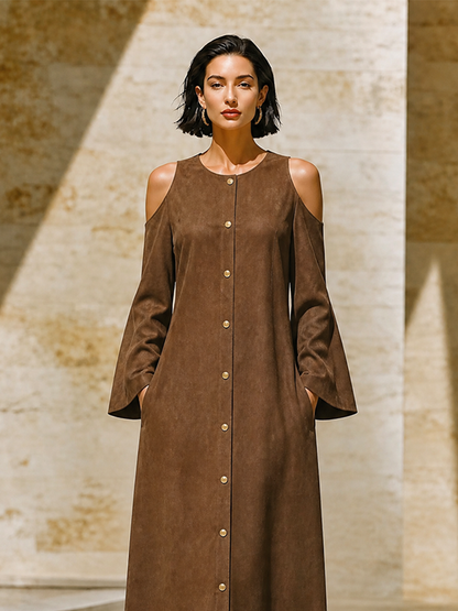 Women's Front Button Loose Minimalist Round Neck Cut Out Shoulder Long Dress