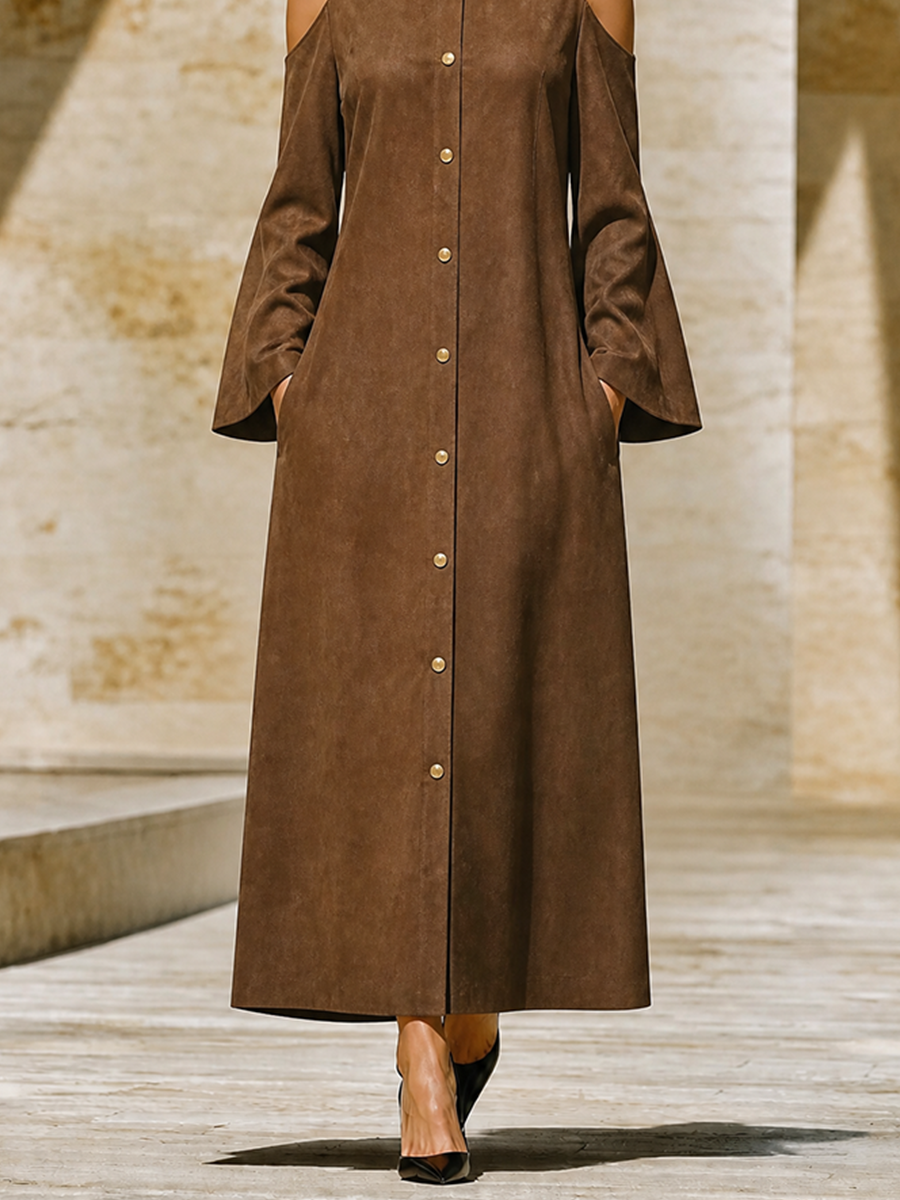 Women's Front Button Loose Minimalist Round Neck Cut Out Shoulder Long Dress