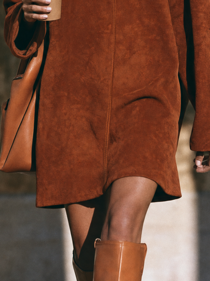 Women's Minimalist Faux Suede Mock-Neck Raglan-Sleeve Mini Dress