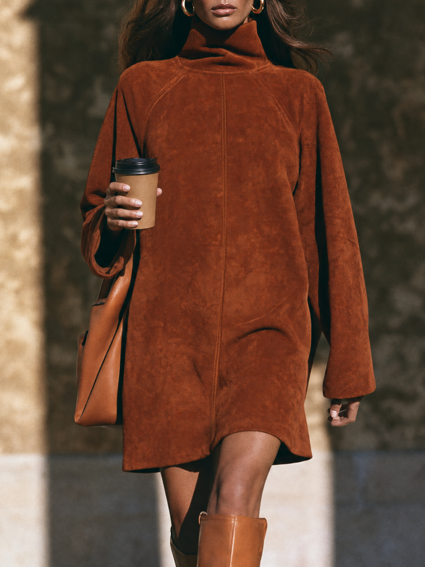 Women's Minimalist Faux Suede Mock-Neck Raglan-Sleeve Mini Dress