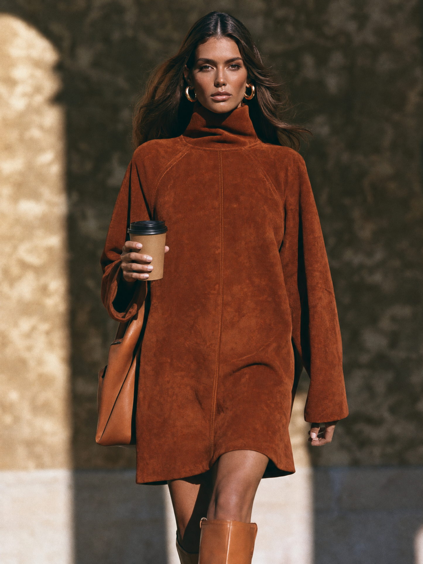 Women's Minimalist Faux Suede Mock-Neck Raglan-Sleeve Mini Dress