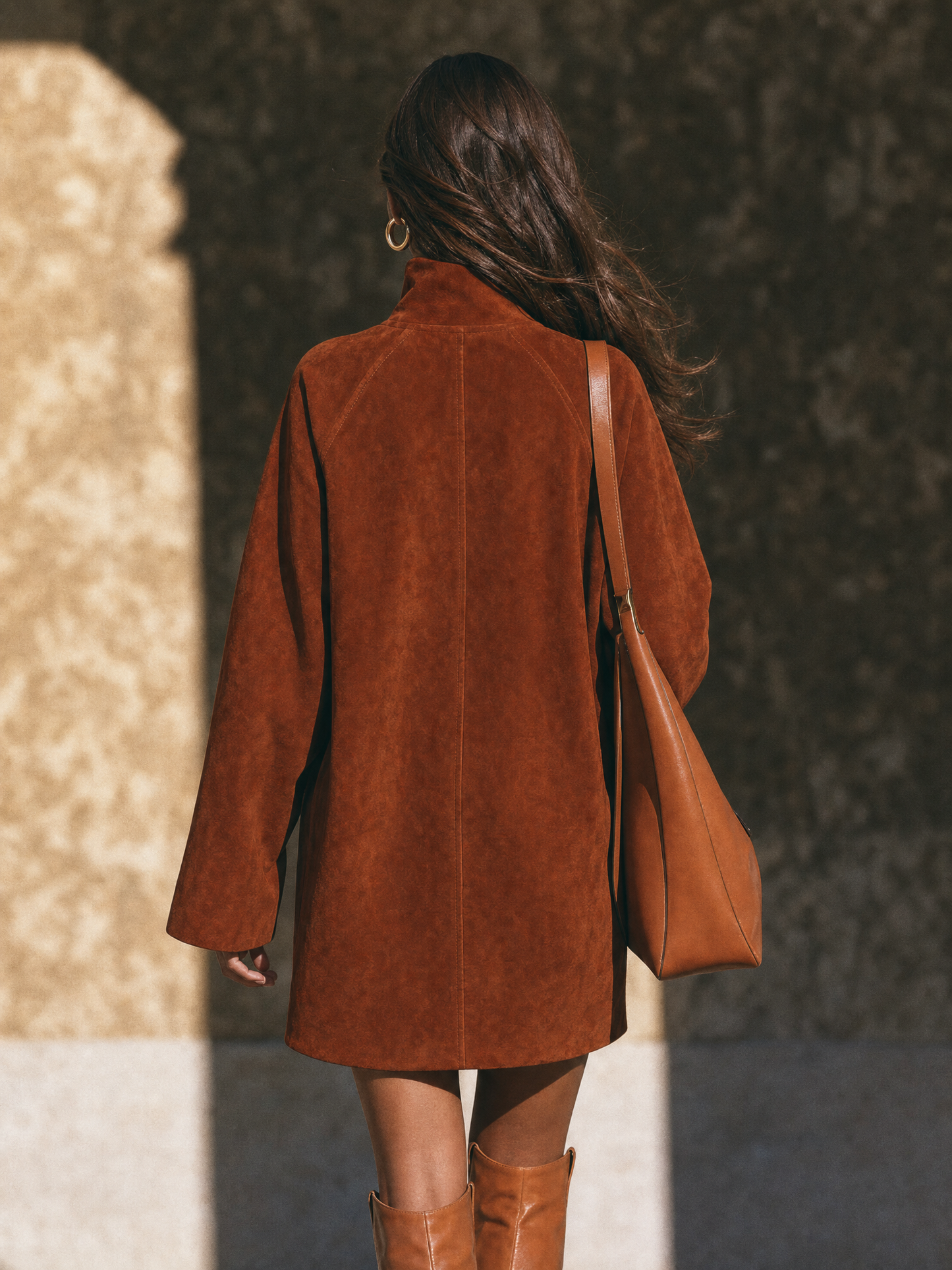 Women's Minimalist Faux Suede Mock-Neck Raglan-Sleeve Mini Dress