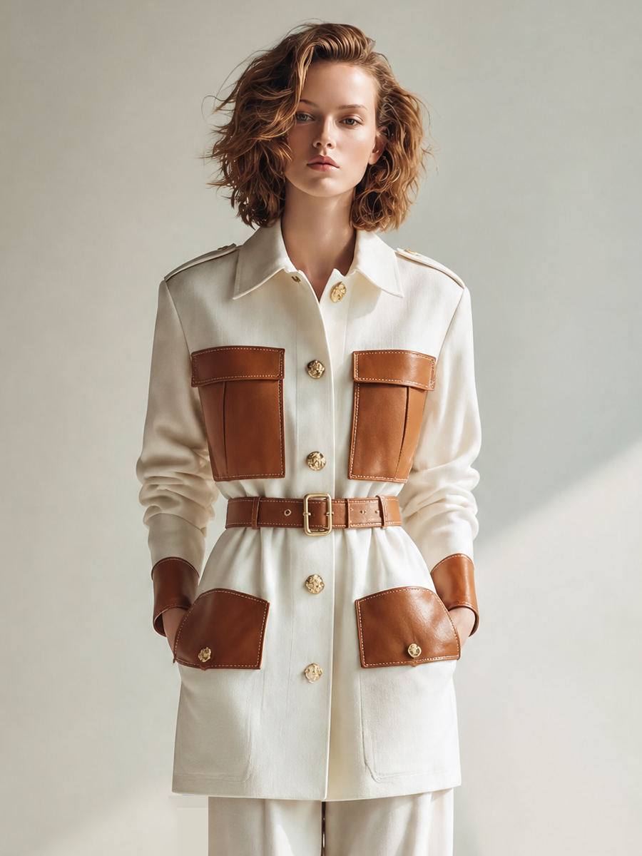 Women's Vintage Utility Contrast-Leather Collared Belted Single-Breasted Long-Sleeve Jacket