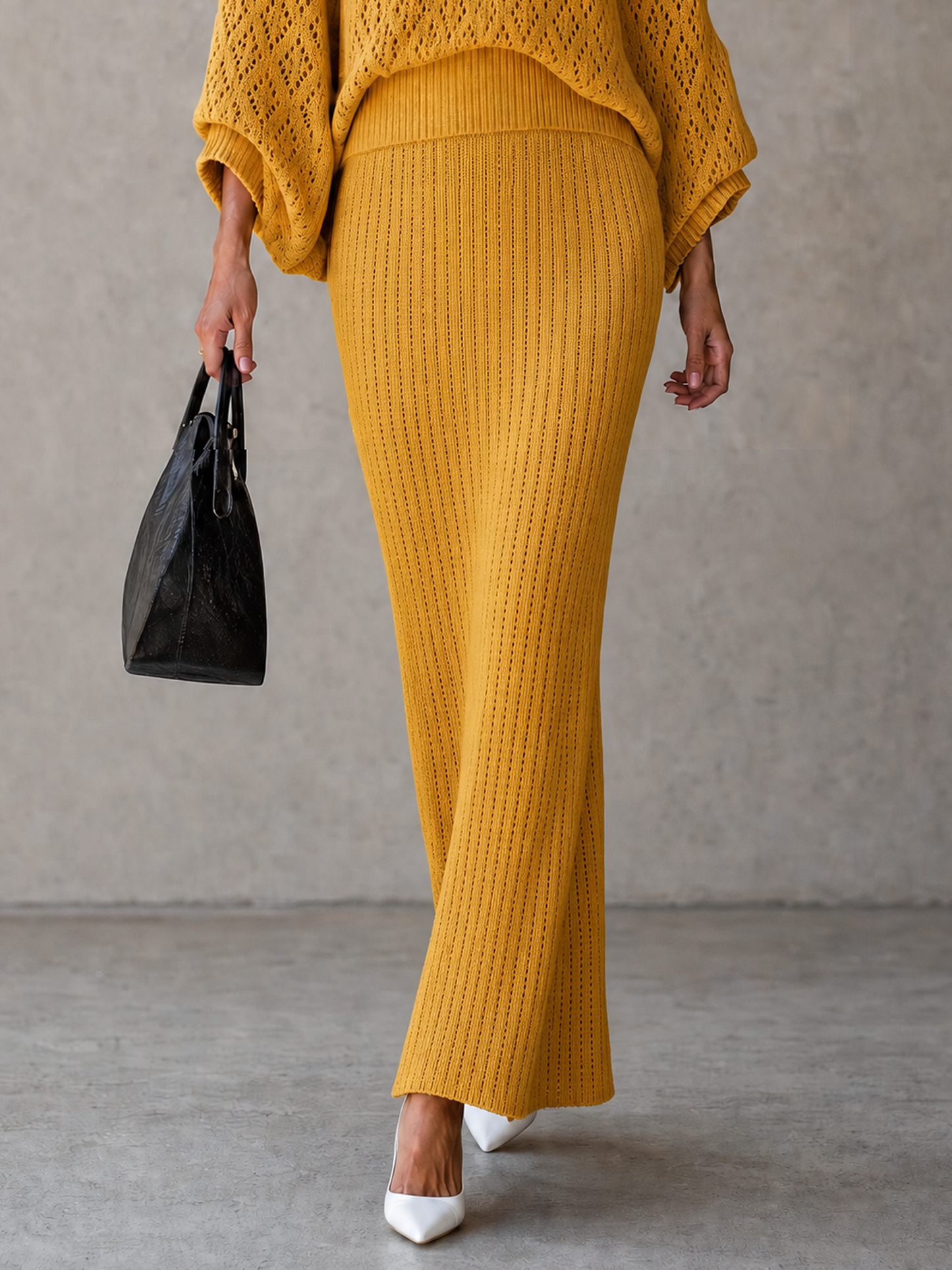 Women's Minimalist Knit Batwing-Sleeve Sweater And Skirt Set With Diamond Openwork Detail