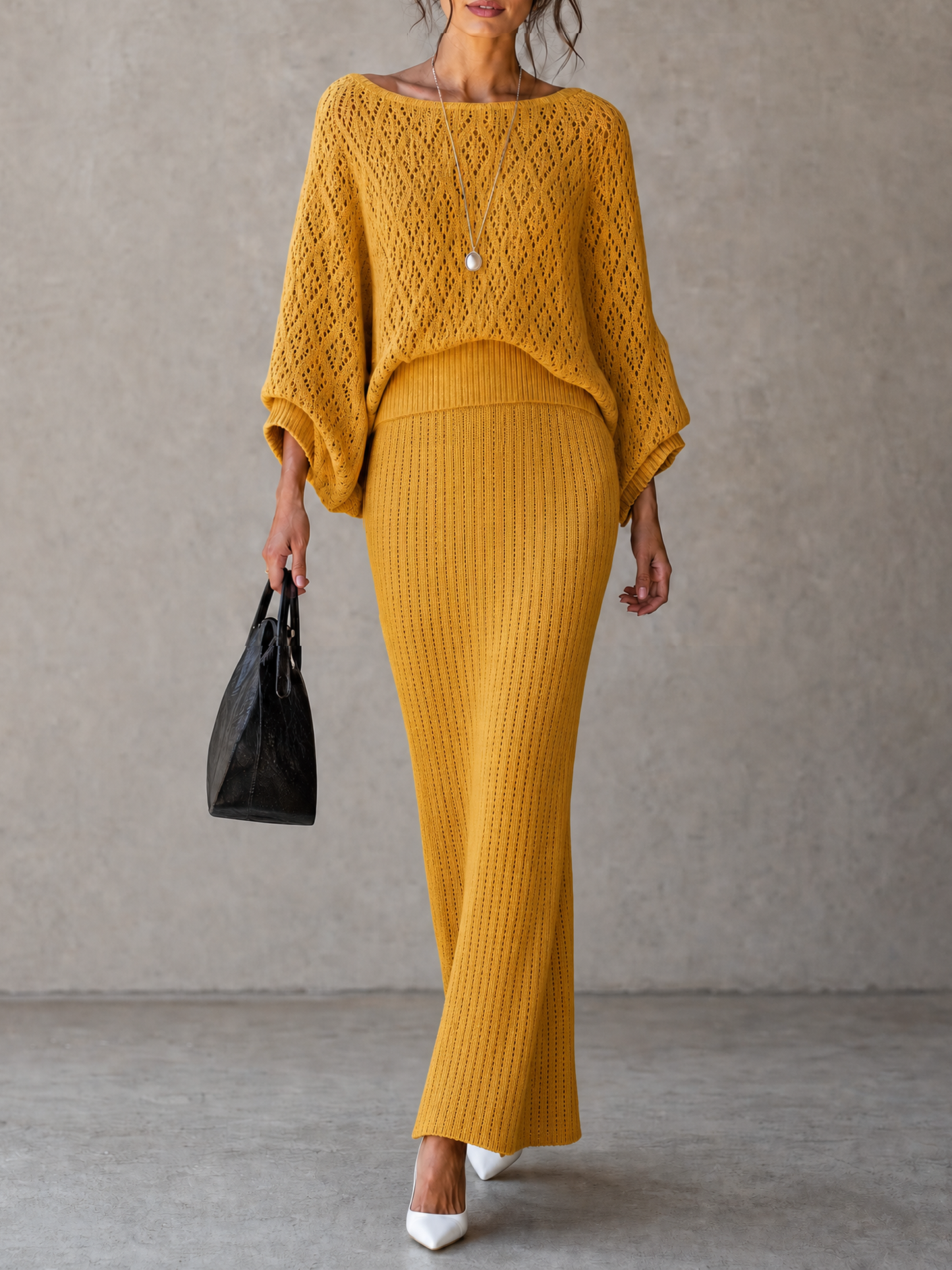 Women's Minimalist Knit Batwing-Sleeve Sweater And Skirt Set With Diamond Openwork Detail