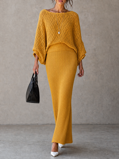 Women's Minimalist Knit Batwing-Sleeve Sweater And Skirt Set With Diamond Openwork Detail