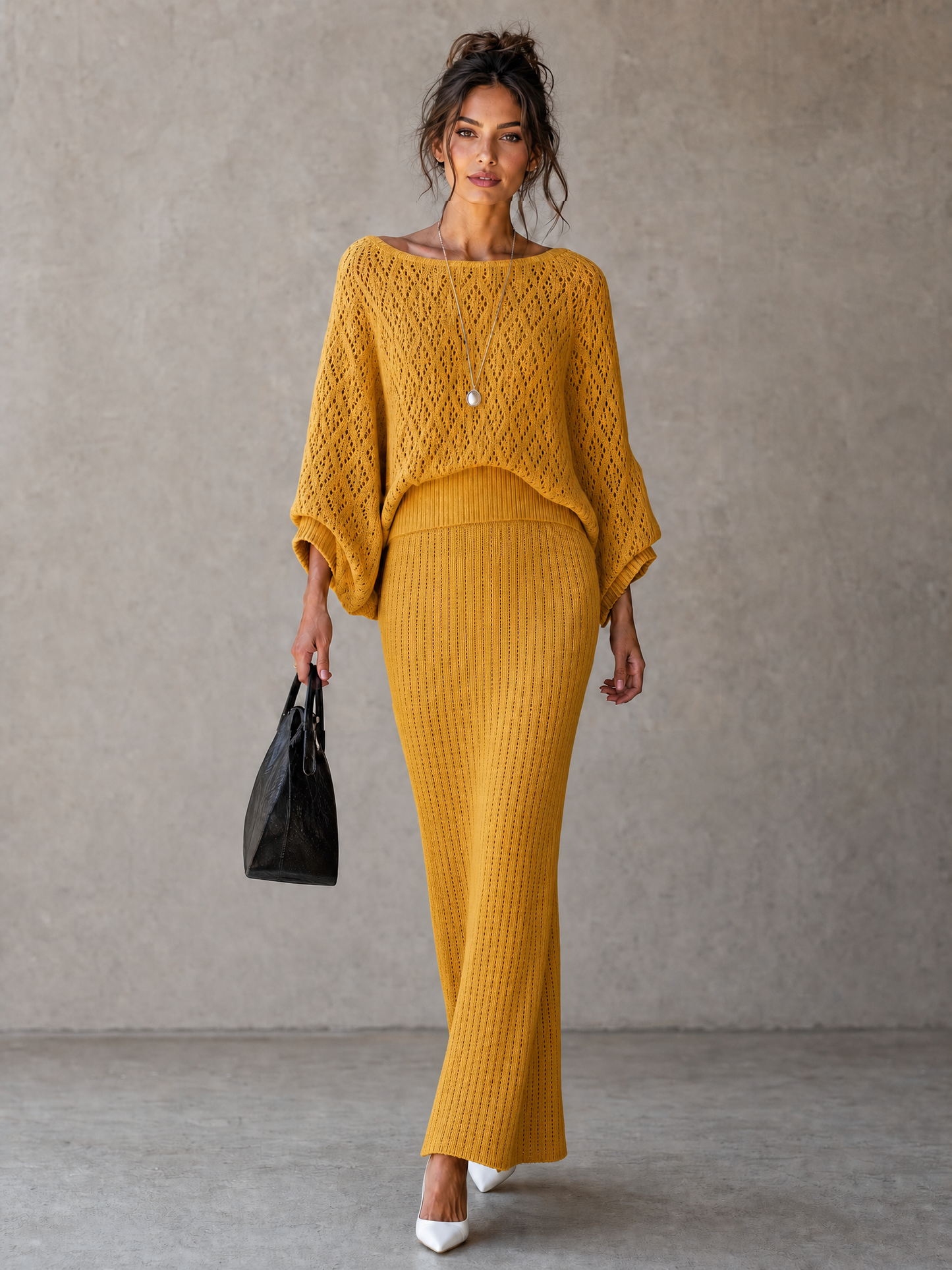 Women's Minimalist Knit Batwing-Sleeve Sweater And Skirt Set With Diamond Openwork Detail