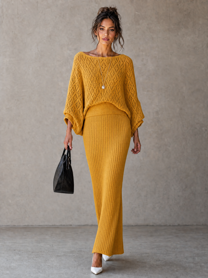 Women's Minimalist Knit Batwing-Sleeve Sweater And Skirt Set With Diamond Openwork Detail