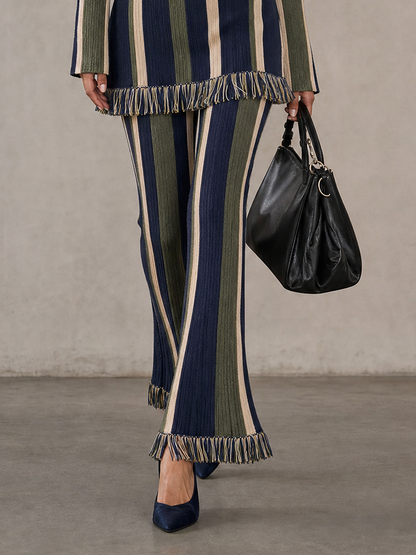 Women's Minimalist Vertical-Stripe Knit Set With Raw Edges