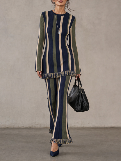 Women's Minimalist Vertical-Stripe Knit Set With Raw Edges