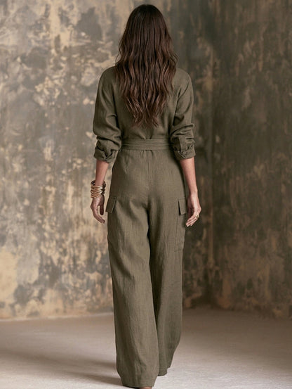 Women's Casual Dark Green Cotton-Linen Long-Sleeve Jumpsuit